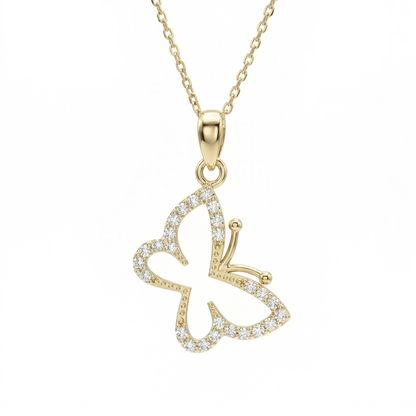Gold Butterfly Necklace in 14K solid gold: an open butterfly pendant with small CZ stones along its wings, on a fine chain.