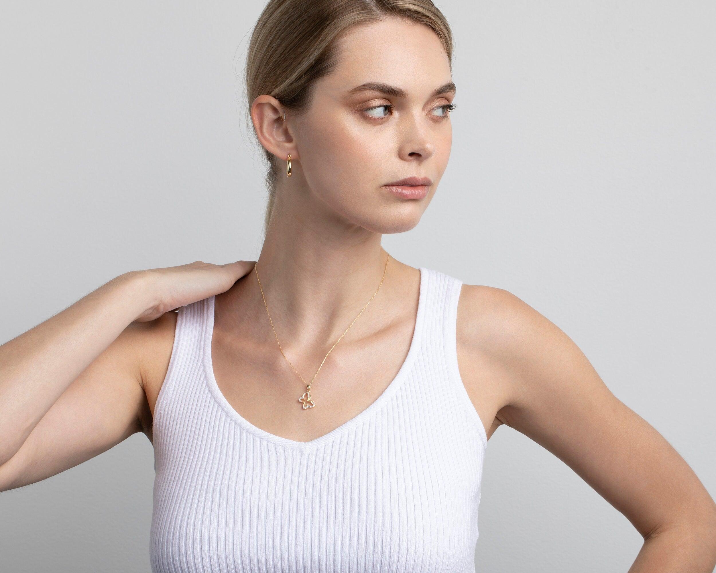 The Gold Butterfly Necklace styled in 18K Gold Vermeil — elegant everyday jewelry. Hypoallergenic, no green marks.