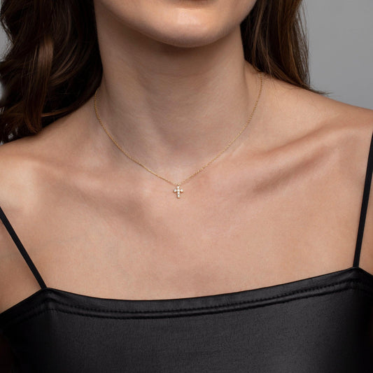 Close detail of the Gold Cross Pendant Necklace in 18K Gold Vermeil. Safe for sensitive skin, premium handmade jewelry.