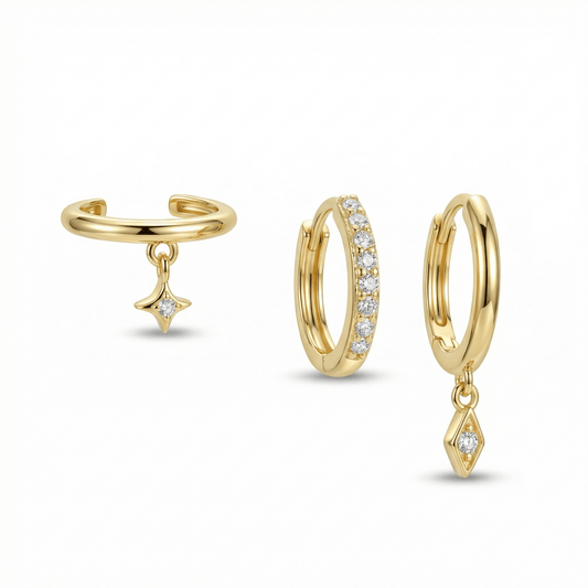 Gold Earring Set in 18K Gold Vermeil. No green marks, perfect for daily wear.