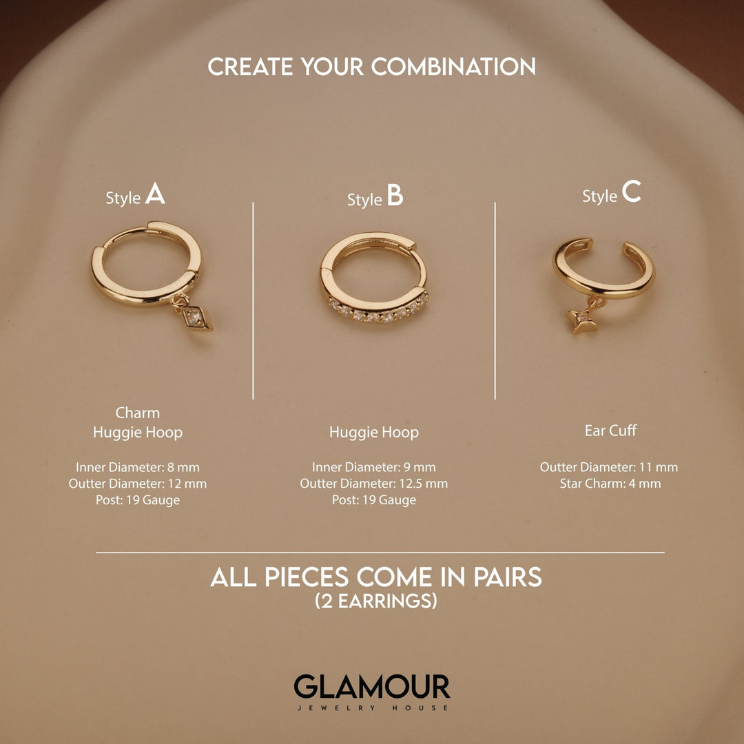 The Gold Earring Set styled in 18K Gold Vermeil — elegant everyday jewelry. Hypoallergenic for sensitive ears.