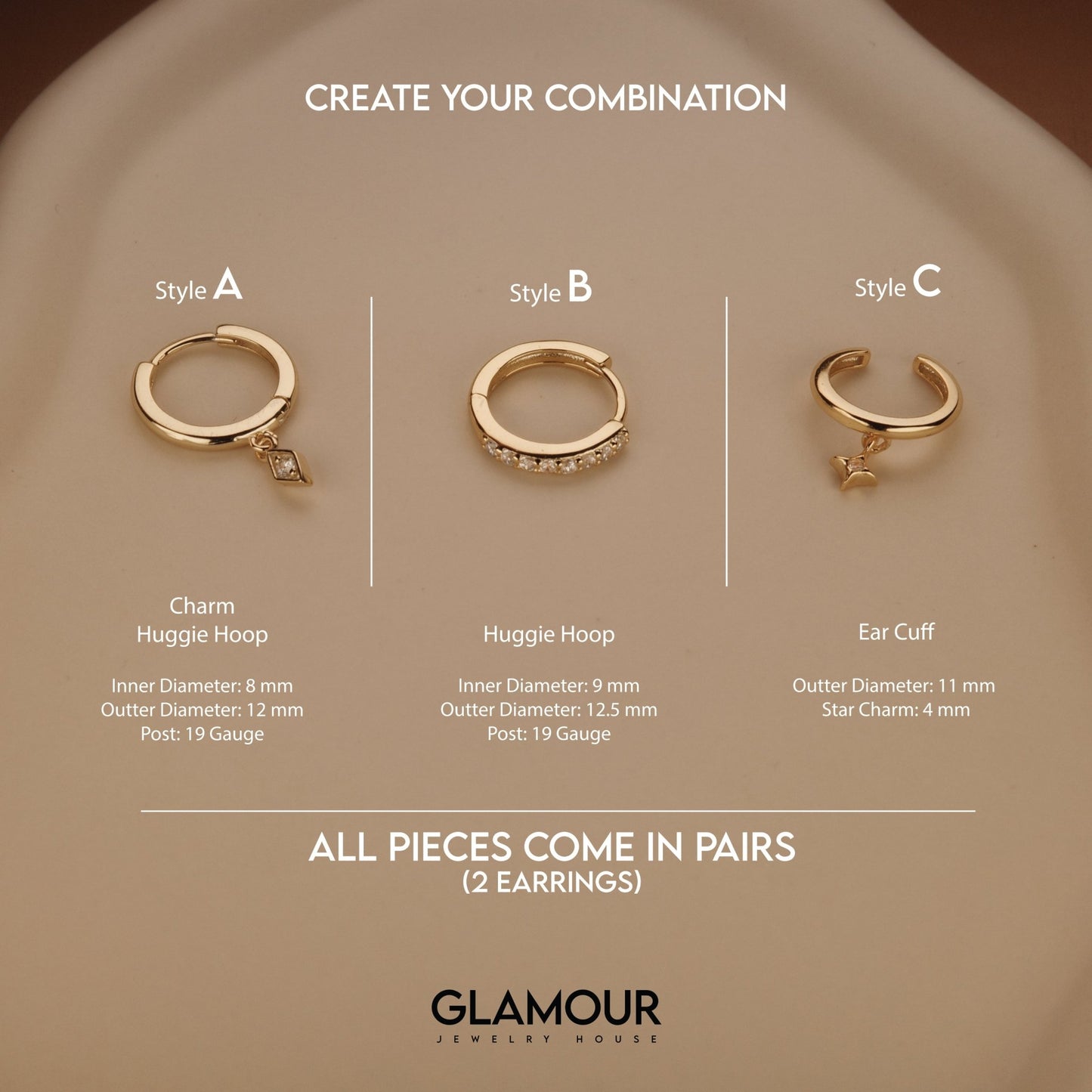 The Gold Earring Set styled in 18K Gold Vermeil — elegant everyday jewelry. Hypoallergenic for sensitive ears.