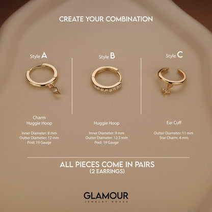The Gold Earring Set styled in 18K Gold Vermeil — elegant everyday jewelry. Hypoallergenic for sensitive ears.