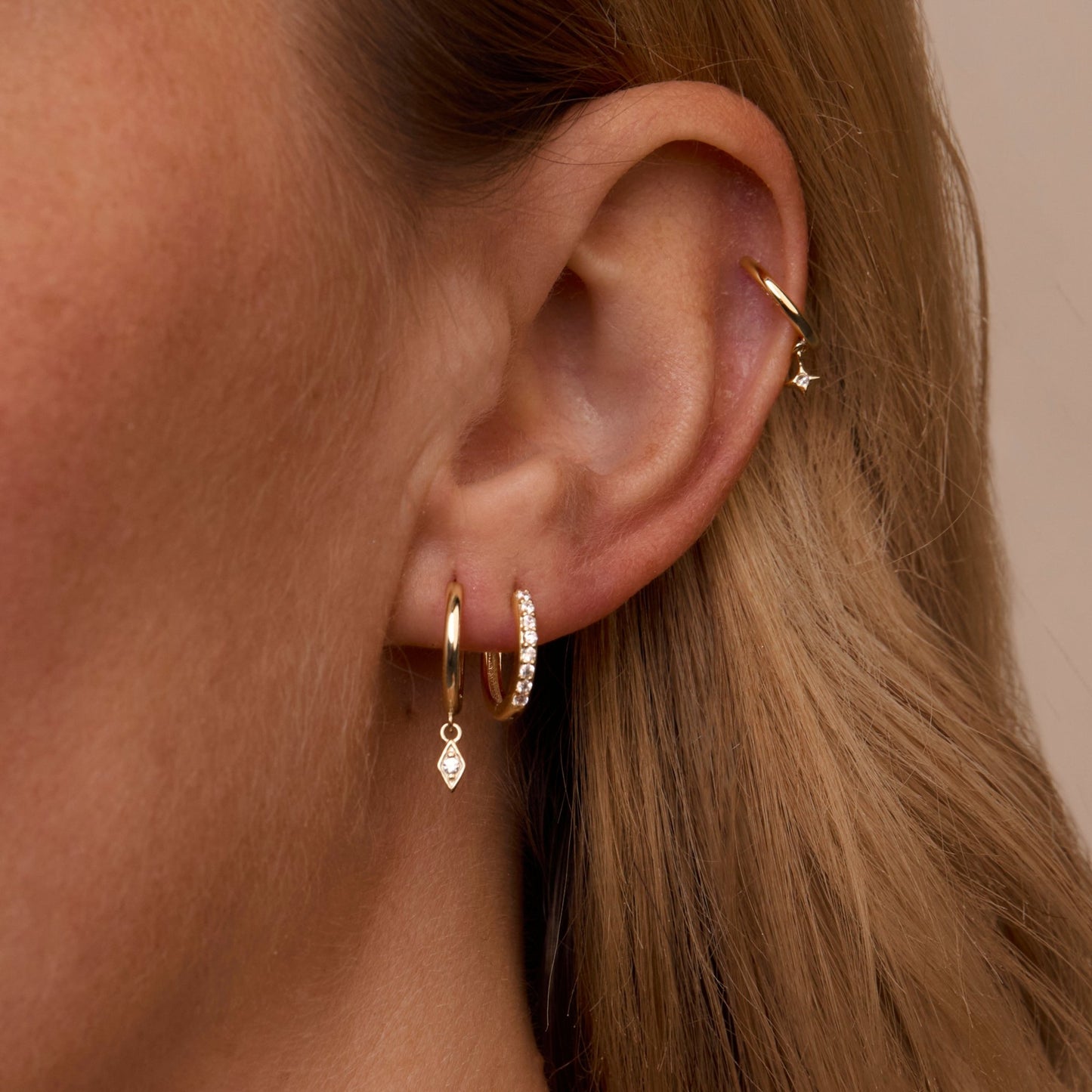 Close detail of the Gold Earring Set in 18K Gold Vermeil. Tarnish-resistant, premium handmade jewelry.