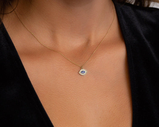 Close detail of the Gold Evil Eye Necklace in 18K Gold Vermeil. Safe for sensitive skin, premium handmade jewelry.