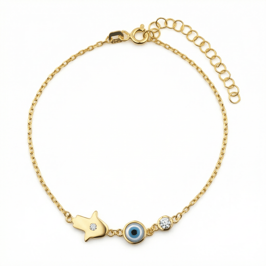 Gold Hamsa Hand Evil Eye Bracelet in 18K Gold Vermeil. Tarnish-resistant, perfect for daily wear.