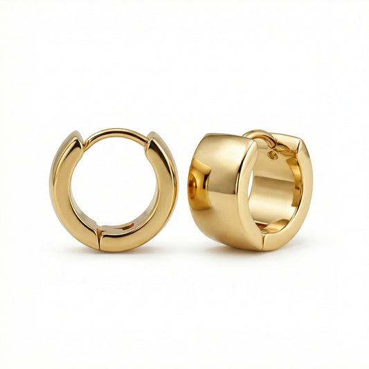 Gold Huggie Hoop Earrings in Gold-Plated Steel. No green marks, perfect for daily wear.