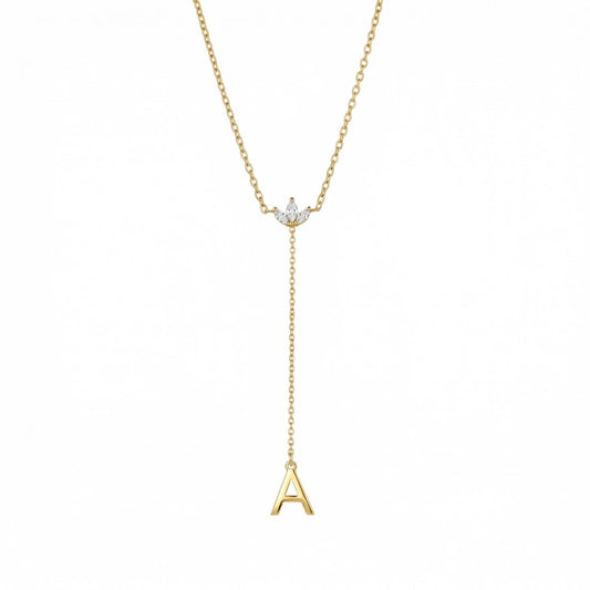 Gold Initial Lariat Necklace in Gold-Plated Steel. Tarnish-resistant, perfect for daily wear.