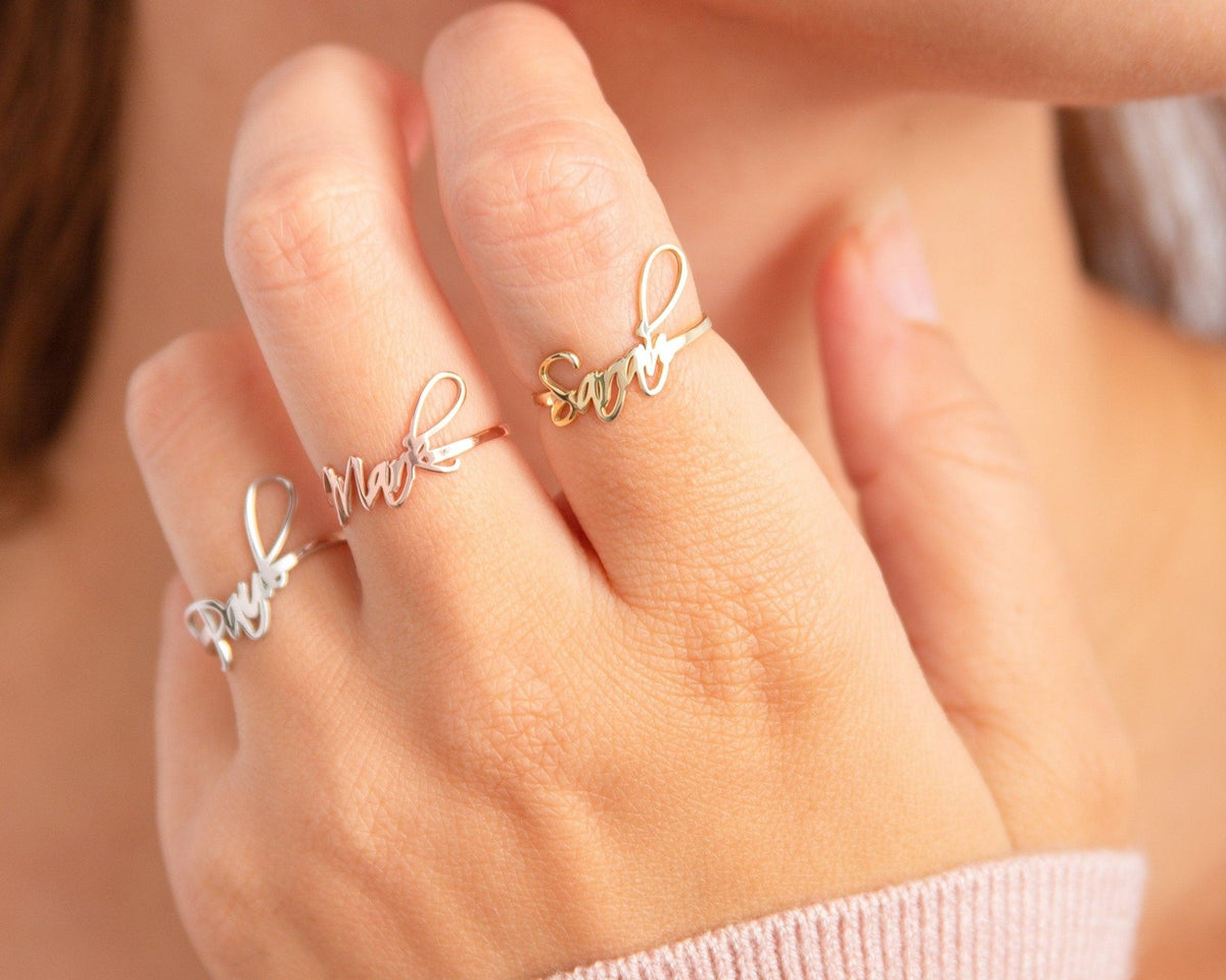 Close detail of the Gold Name Ring in 18K Gold Vermeil. Hypoallergenic, no green marks, premium handmade jewelry.