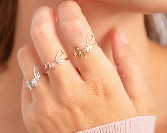 Close detail of the Gold Name Ring in 18K Gold Vermeil. Hypoallergenic, no green marks, premium handmade jewelry.