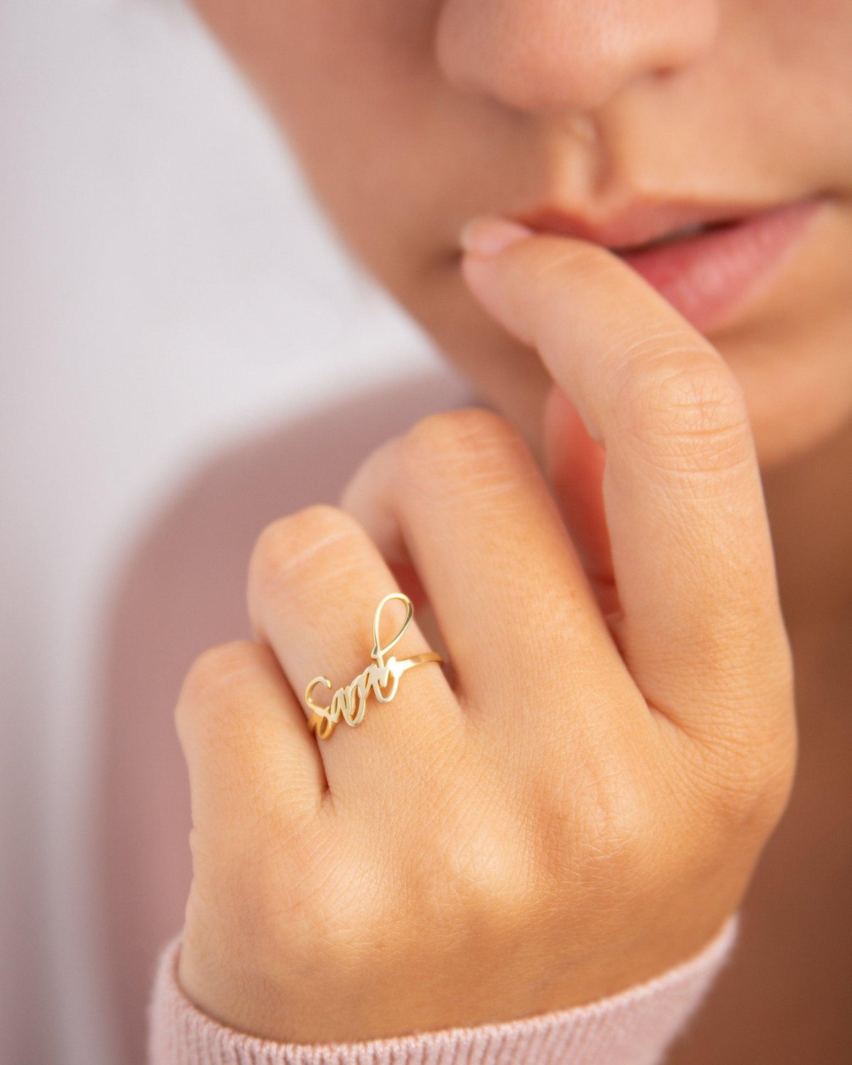 Macro detail of the Gold Name Ring showcasing craftsmanship in 18K Gold Vermeil. Tarnish-resistant, handmade.