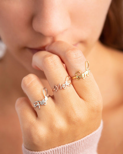 The Gold Name Ring as an anniversary gift in 18K Gold Vermeil. Tarnish-resistant, made for keeping.