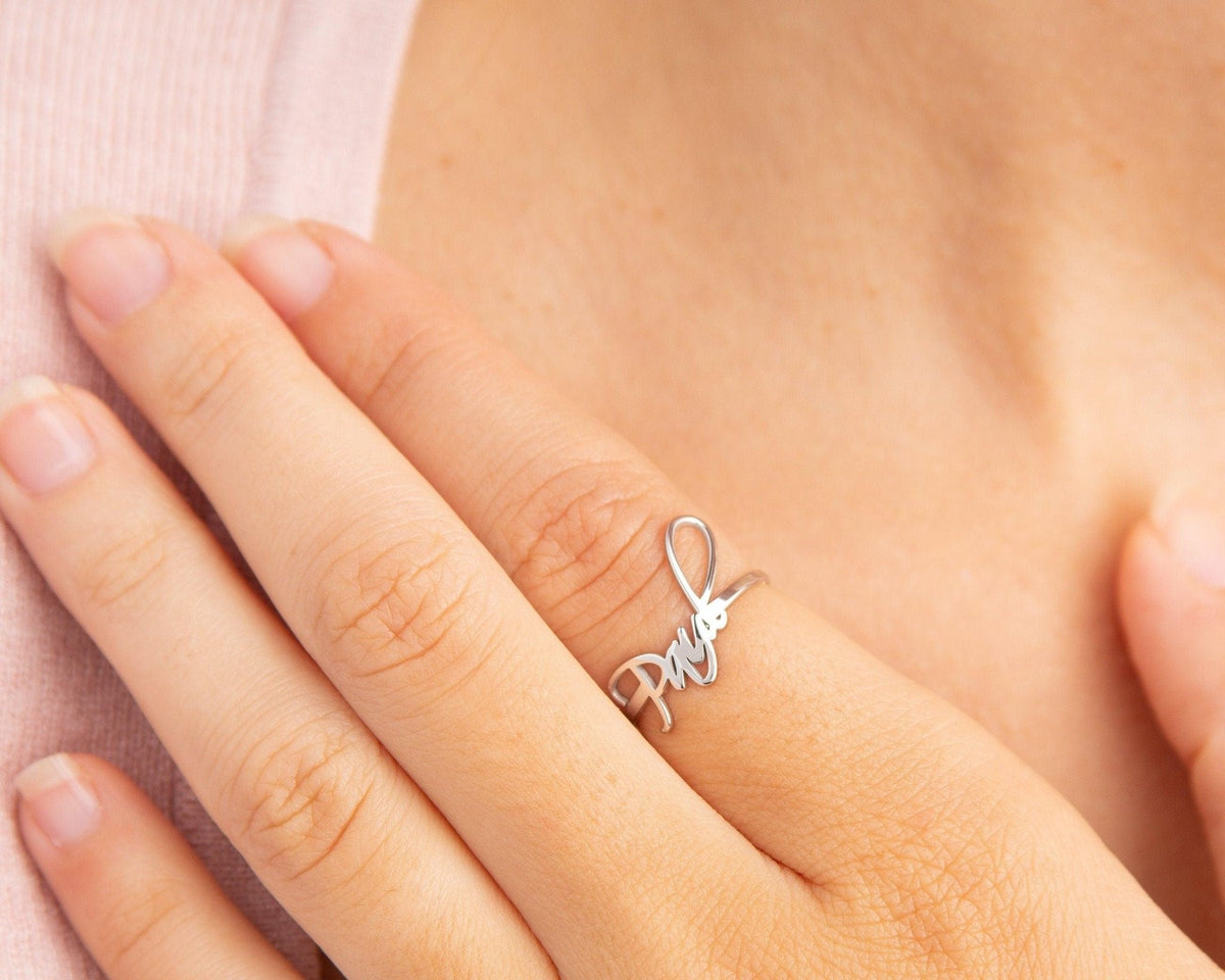 The Gold Name Ring styled in 18K Gold Vermeil — elegant everyday jewelry. Tarnish-resistant.