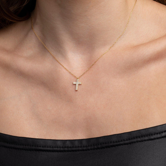 Close detail of the Gold Pavé Cross Necklace in 18K Gold Vermeil with CZ Diamond. Safe for sensitive skin, premium handmade.