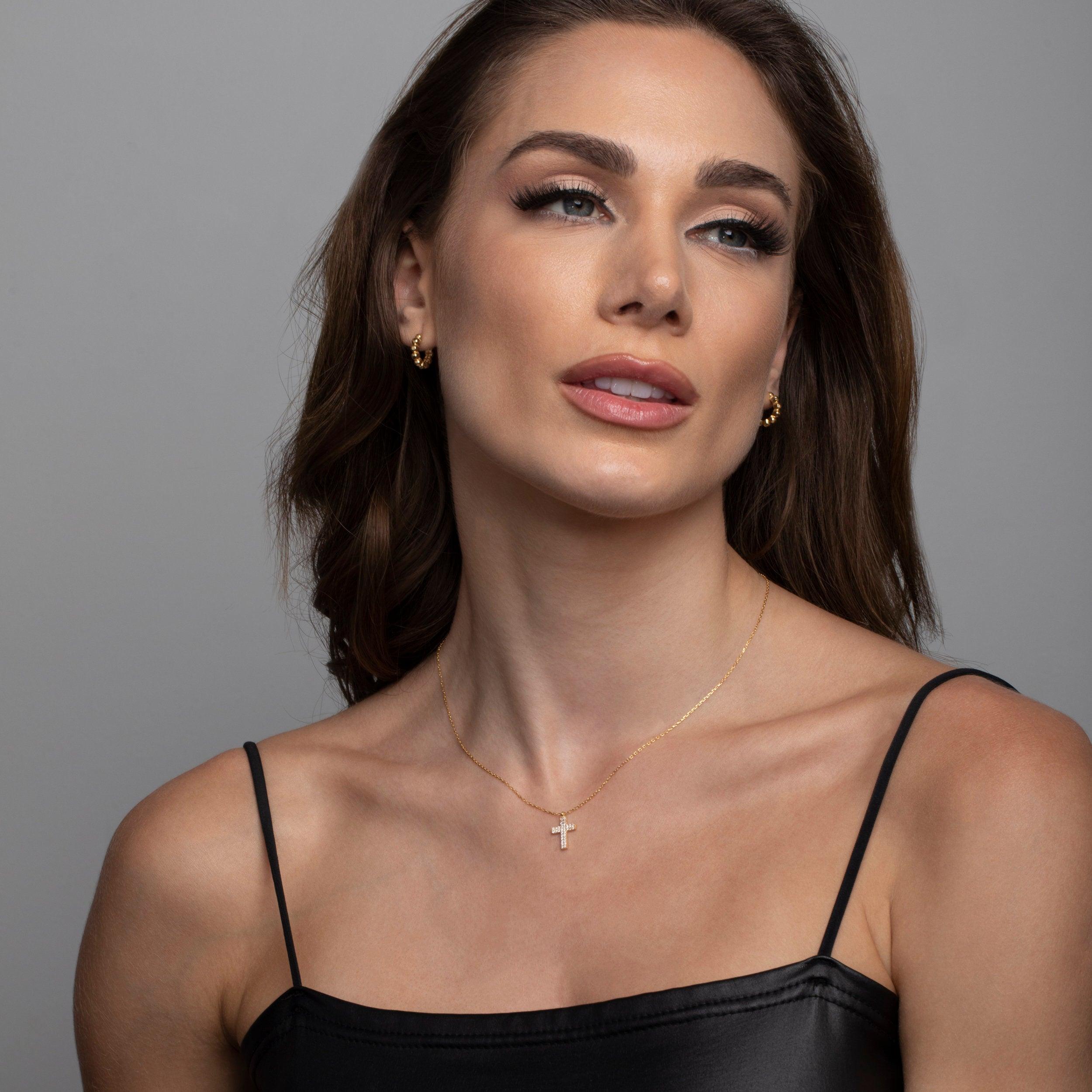 The Gold Pavé Cross Necklace styled in 18K Gold Vermeil — elegant everyday jewelry. Hypoallergenic, no green marks.