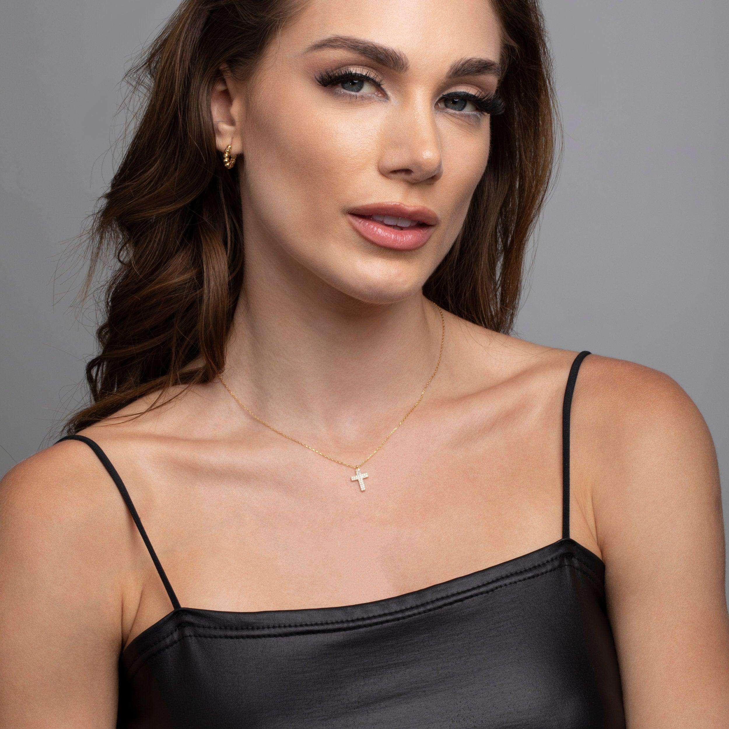 Gold Pavé Cross Necklace in Glamour Jewelry House gift box — 18K Gold Vermeil mother's day gift. Tarnish-resistant.
