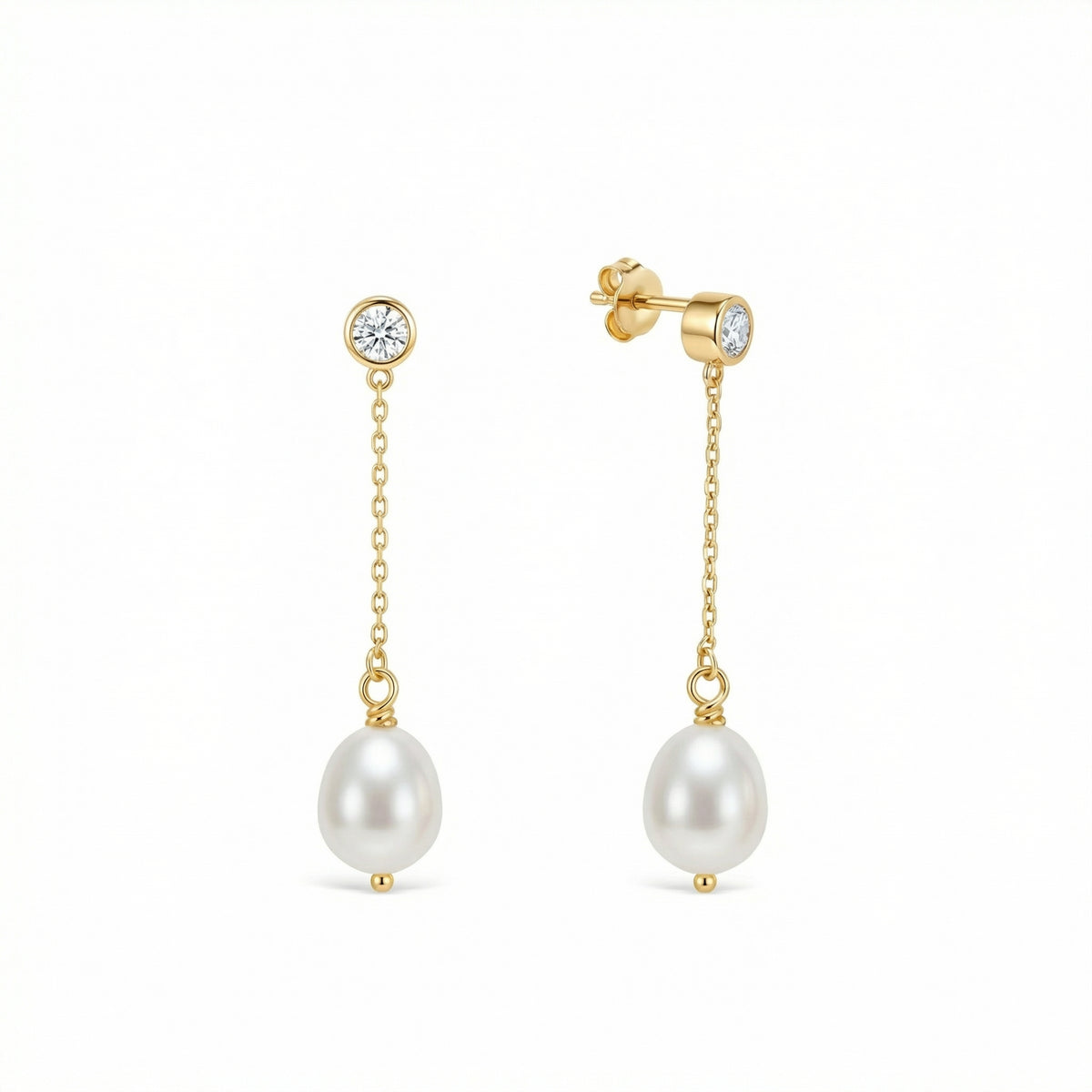 Gold Pearl Drop Wedding Earrings in 18K Gold Vermeil with Freshwater Pearl. No green marks, perfect for daily wear.