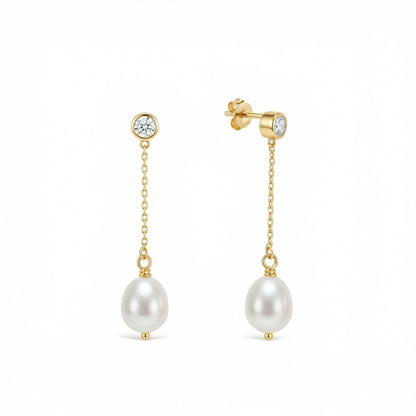 Gold Pearl Drop Wedding Earrings in 18K Gold Vermeil with Freshwater Pearl. No green marks, perfect for daily wear.
