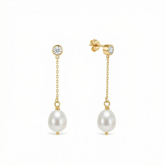 Gold Pearl Drop Wedding Earrings in 18K Gold Vermeil with Freshwater Pearl. No green marks, perfect for daily wear.