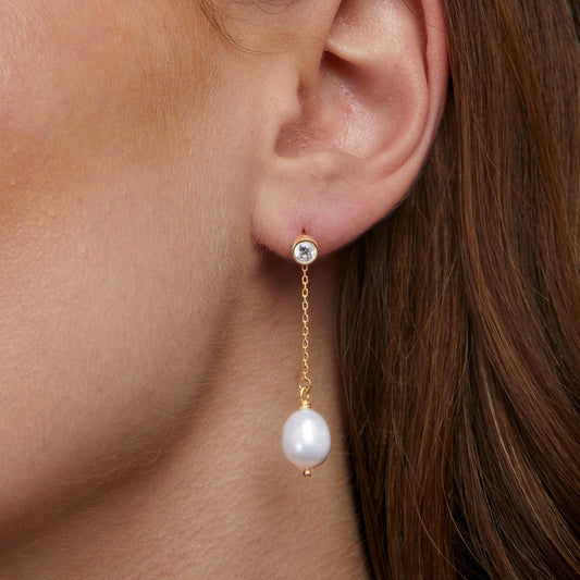 Close detail of the Gold Pearl Drop Wedding Earrings in 18K Gold Vermeil with Freshwater Pearl. Tarnish-resistant, premium.
