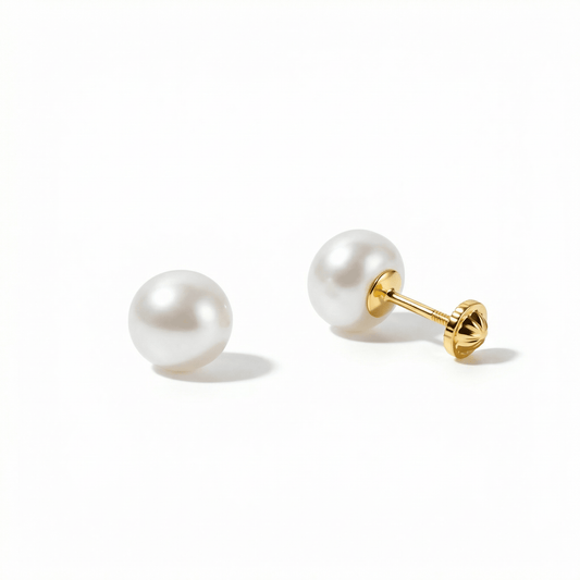 14K Gold Pearl Stud Earrings in 14K Solid Gold with Freshwater Pearl. Hypoallergenic real gold, perfect for daily wear.