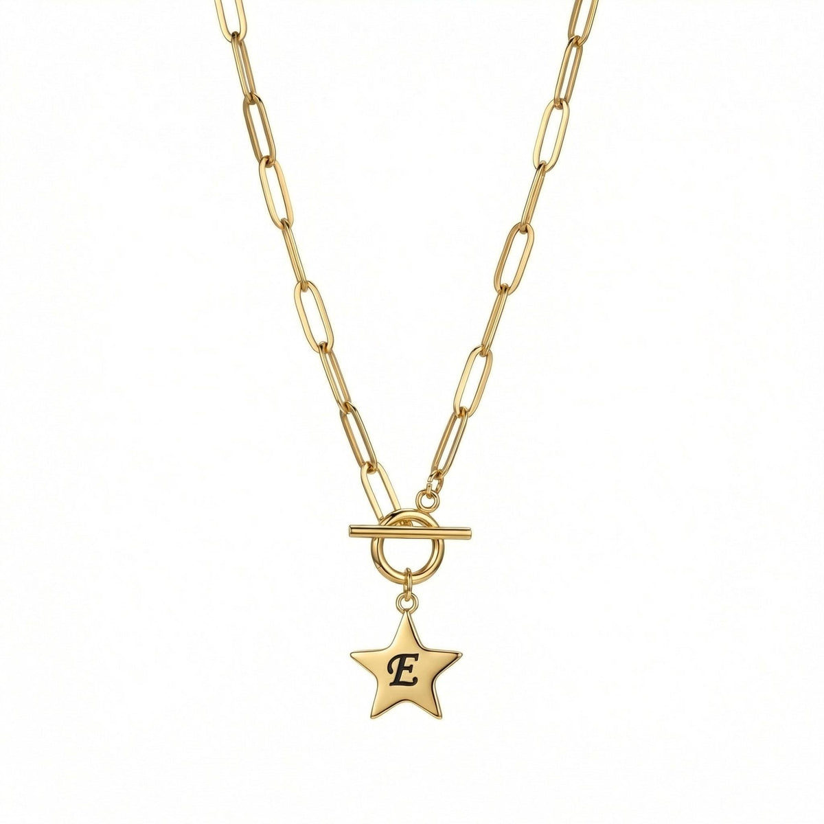 Gold Star Necklace with Personalized Initial in Gold-Plated Steel. Tarnish-resistant, perfect for daily wear.