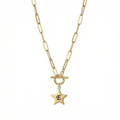 Gold Star Necklace with Personalized Initial in Gold-Plated Steel. Tarnish-resistant, perfect for daily wear.