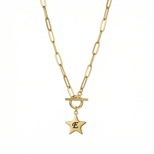 Gold Star Necklace with Personalized Initial in Gold-Plated Steel. Tarnish-resistant, perfect for daily wear.