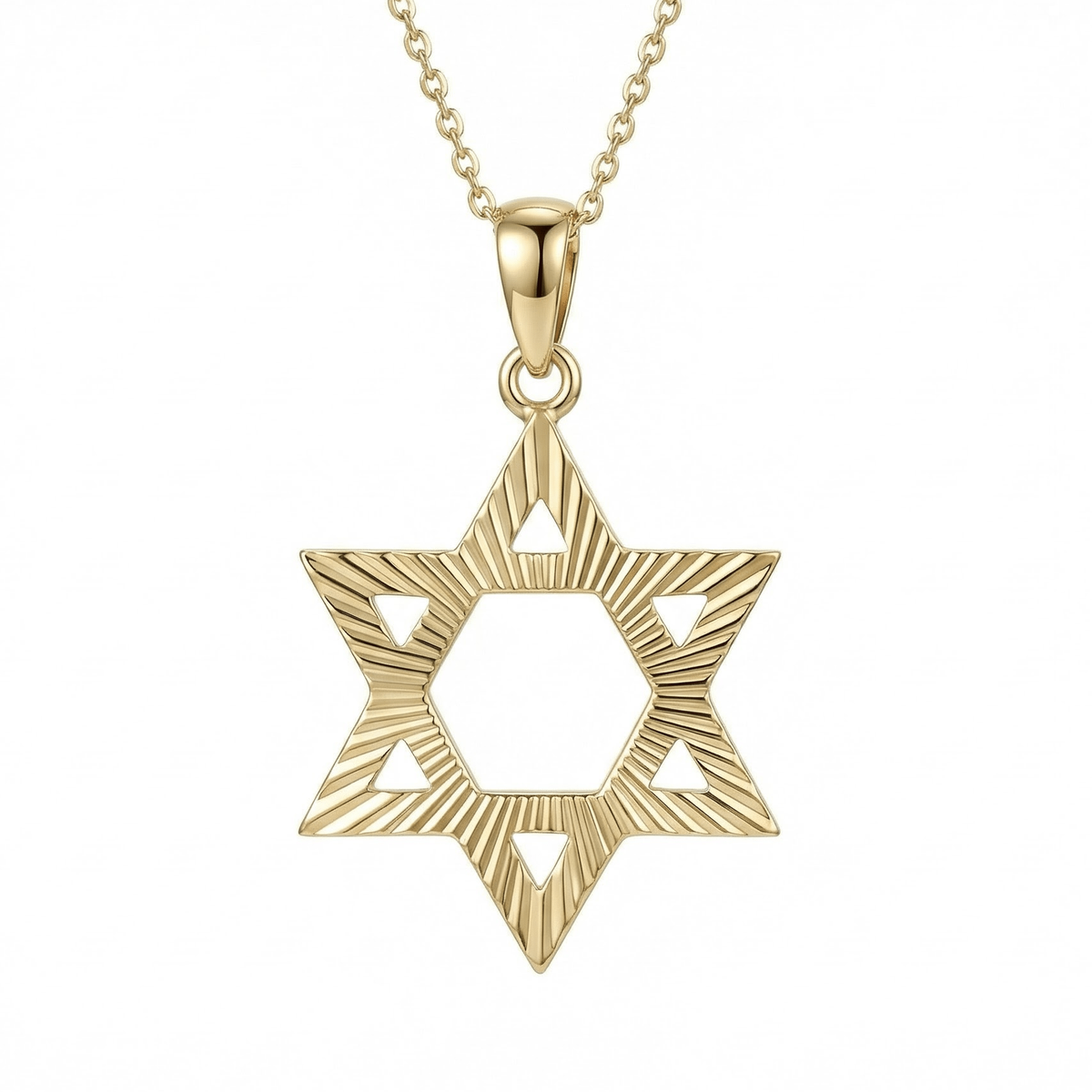 Gold Star of David necklace in 14K solid gold, an open six-pointed star with a lined, textured finish on a fine chain.