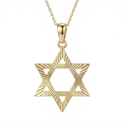 Gold Star of David necklace in 14K solid gold, an open six-pointed star with a lined, textured finish on a fine chain.