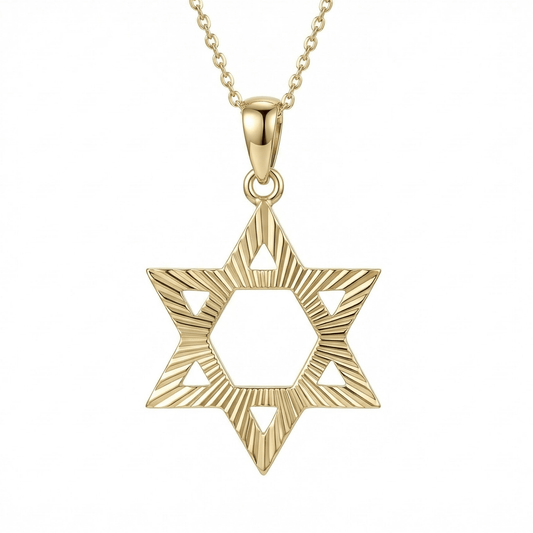 Gold Star of David necklace in 14K solid gold, an open six-pointed star with a lined, textured finish on a fine chain.