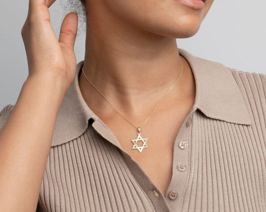 Close detail of the Gold Star of David Necklace in 18K Gold Vermeil. Safe for sensitive skin, premium handmade jewelry.