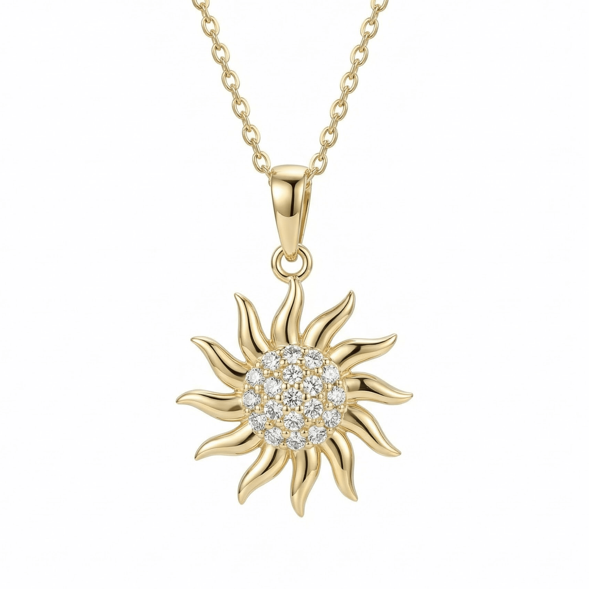 Gold Sun Necklace in 14K solid gold: a pavé cluster of 19 clear CZ stones ringed by wavy gold rays, on a fine chain.