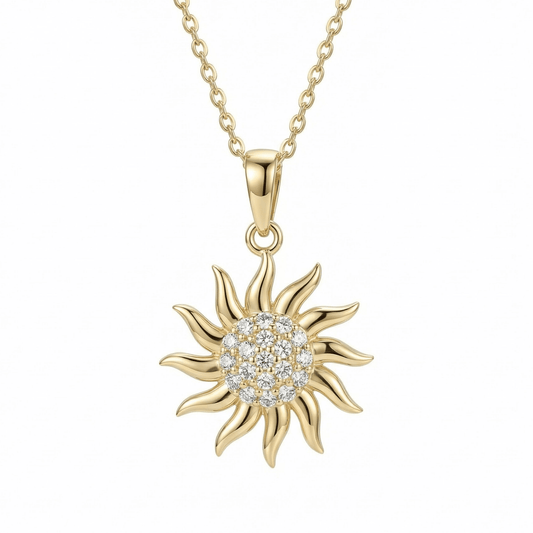 Gold Sun Necklace in 14K solid gold: a pavé cluster of 19 clear CZ stones ringed by wavy gold rays, on a fine chain.