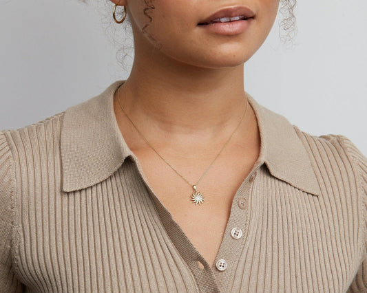 Close detail of the Gold Sun Necklace in 18K Gold Vermeil. Safe for sensitive skin, premium handmade jewelry.
