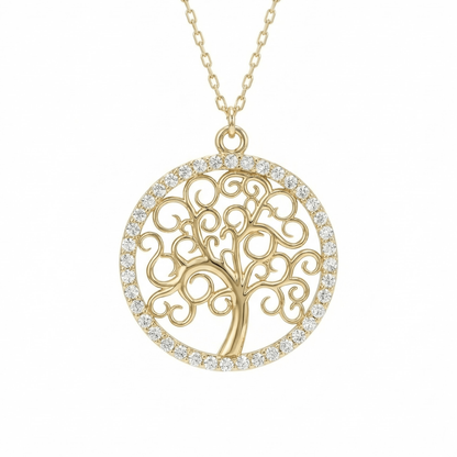 Tree of life necklace in 14K solid gold: a tree of curling scroll branches inside an open circle lined with small clear CZ stones.