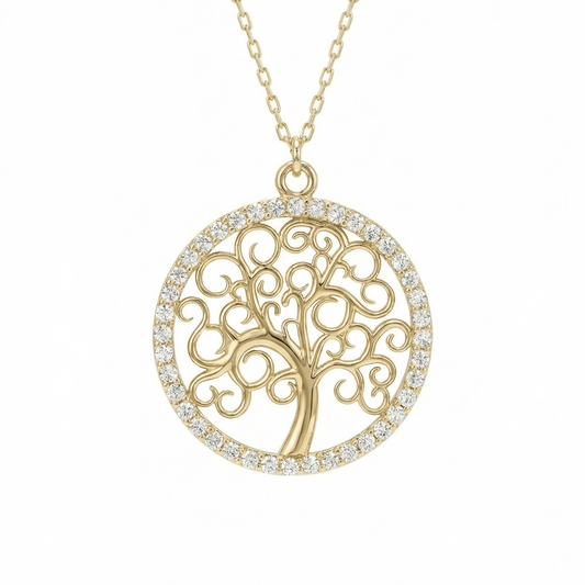 Tree of life necklace in 14K solid gold: a tree of curling scroll branches inside an open circle lined with small clear CZ stones.