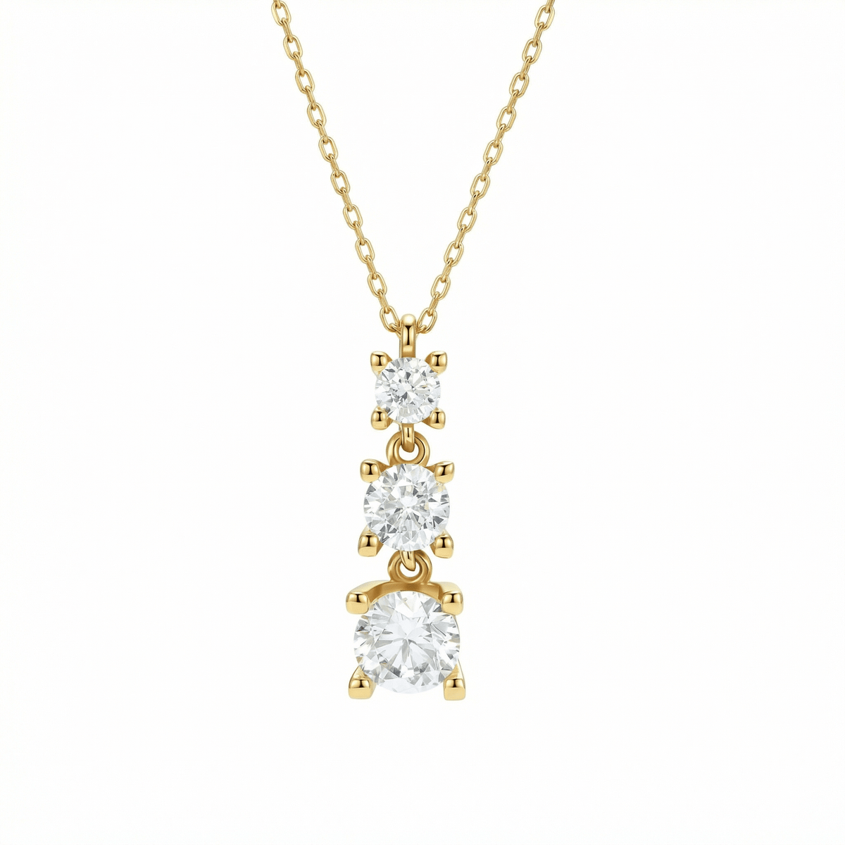 Gold Triple Stone Necklace in 18K Gold Vermeil with CZ Diamond. Tarnish-resistant, perfect for daily wear.