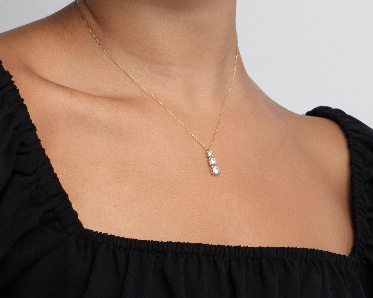 Gold Triple Stone Necklace in Glamour Jewelry House gift box — 18K Gold Vermeil anniversary gift. Hypoallergenic, no green.