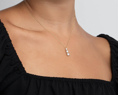 Gold Triple Stone Necklace in Glamour Jewelry House gift box — 18K Gold Vermeil anniversary gift. Hypoallergenic, no green.