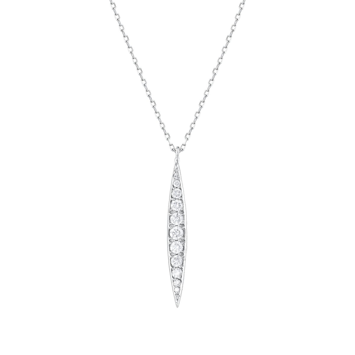 Close-up of the navette bar pendant with eleven graduated round natural diamonds and milgrain edges