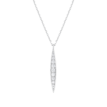 Close-up of the navette bar pendant with eleven graduated round natural diamonds and milgrain edges