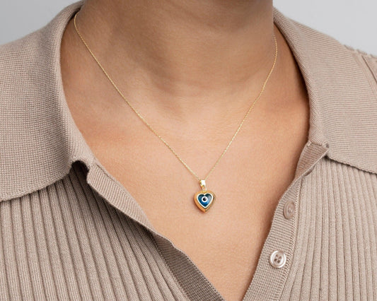 Close detail of the Hallow Evil Eye Necklace in 18K Gold Vermeil. Safe for sensitive skin, premium handmade jewelry.