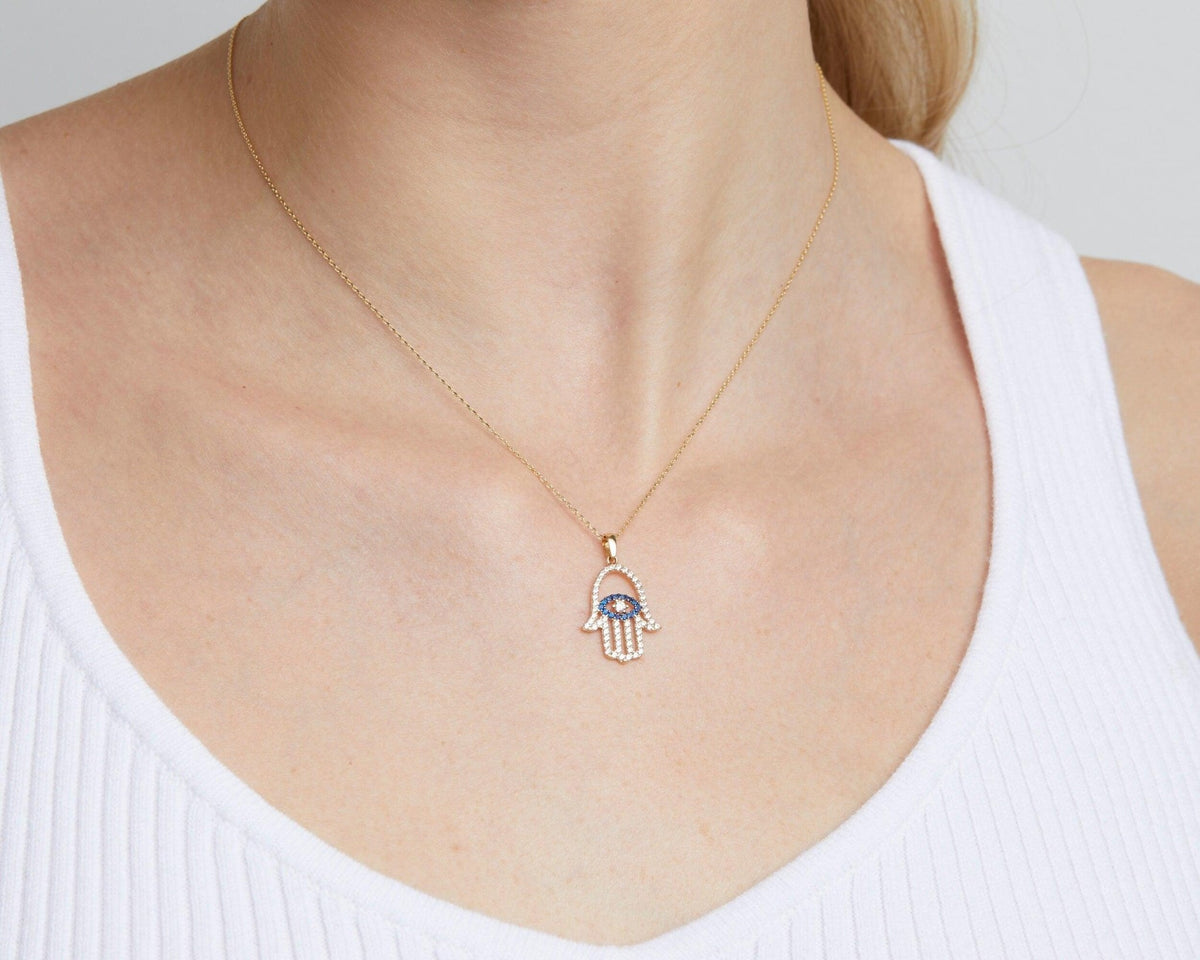 Hamsa Necklace as a thoughtful birthday gift in 18K Gold Vermeil. Hypoallergenic, no green marks.