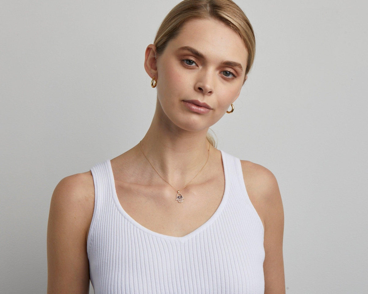 Hamsa Necklace in Glamour Jewelry House gift box — 18K Gold Vermeil anniversary gift. Tarnish-resistant.