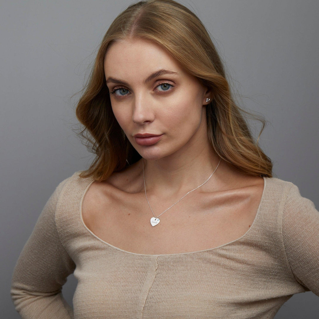 The Heart and Birthstone Name Necklace styled in 18K Gold Vermeil — elegant everyday jewelry. Hypoallergenic, no green marks.