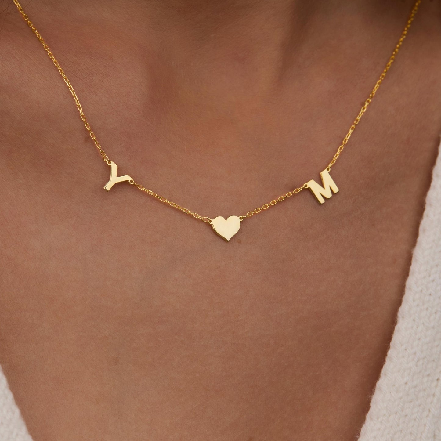 Close detail of the Heart and Initial Necklace in 18K Gold Vermeil. Safe for sensitive skin, premium handmade jewelry.