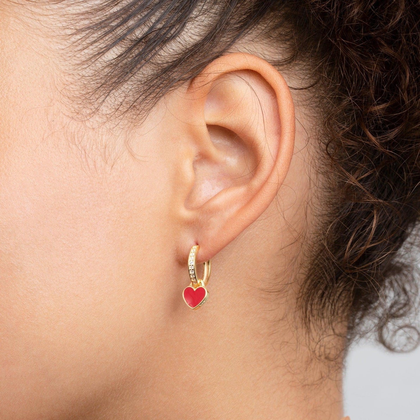 Close detail of the Heart Dangle Earring in 18K Gold Vermeil. Tarnish-resistant, premium handmade jewelry.