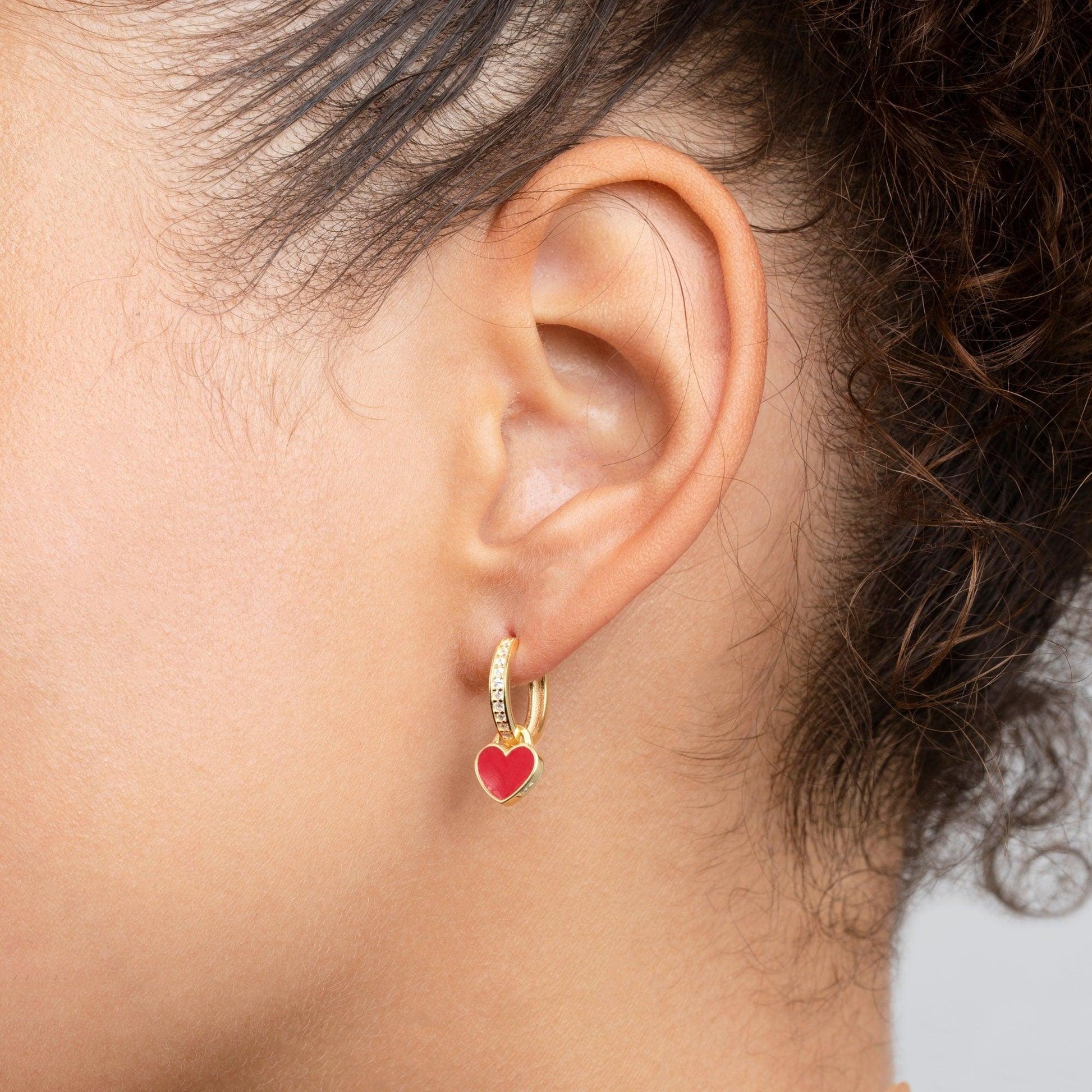 Close detail of the Heart Dangle Earring in 18K Gold Vermeil. Tarnish-resistant, premium handmade jewelry.