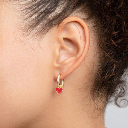 Close detail of the Heart Dangle Earring in 18K Gold Vermeil. Tarnish-resistant, premium handmade jewelry.